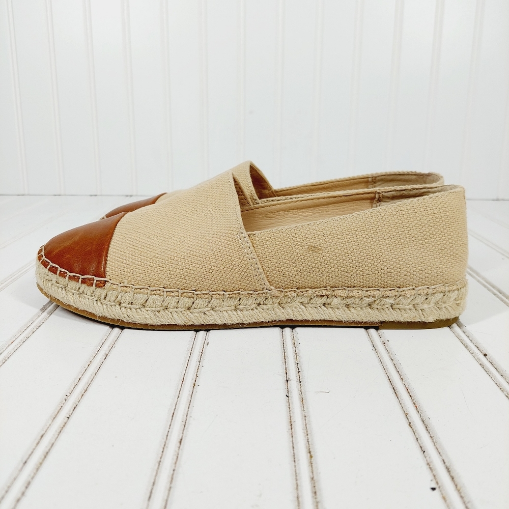 J. McLaughlin Cream Brown Canvas Leather Redding Cap Slip On Espadrille E385 - Picture 1 of 16